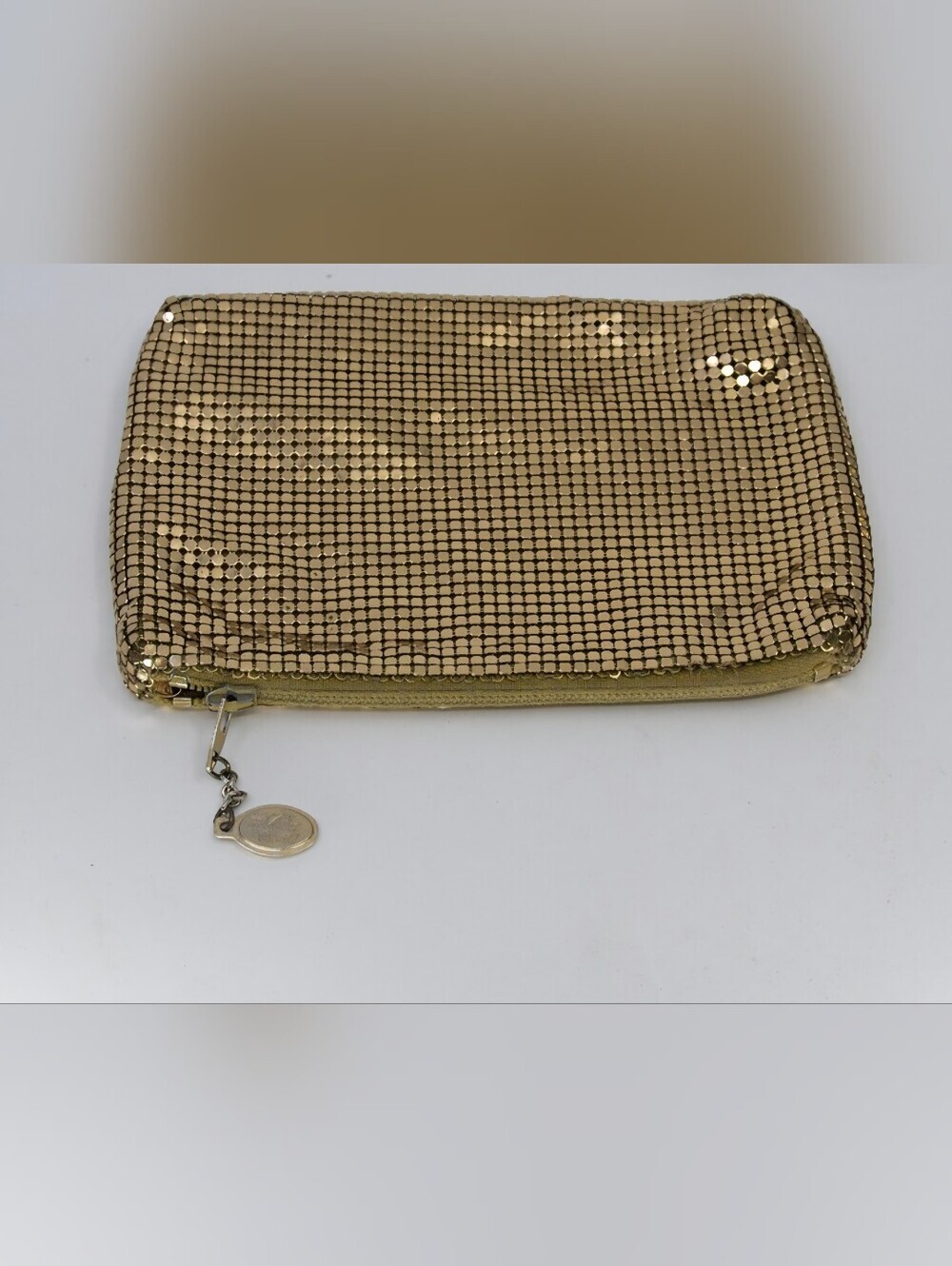 Vintage Whiting & Davis Gold Metal Mesh Zipper Clutch Pouch Purse 1970s